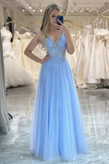 A Line Sky Blue Sparkly Tulle Prom Dress with Appliques